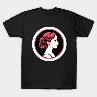 Pink, Black, and White Woman with Roses in Her Hair T-Shirt